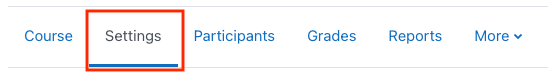 Moodle course contextual menu with Settings highlighted