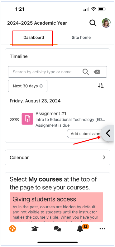 Moodle mobile app Dashboard with timeline