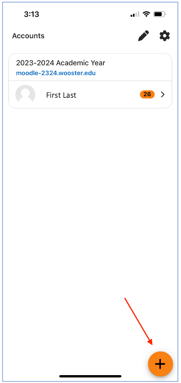 Moodle mobile app with arrow pointing to plus icon in lower right